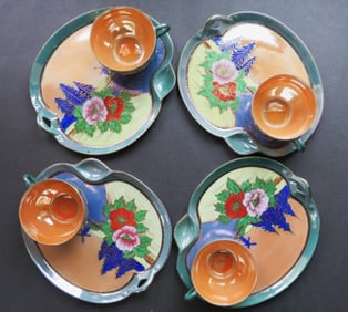 Set 4 Japanese Lusterware Porcelain Tea Cups & Plates 1950s