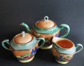 Set, Japanese Lusterware Porcelain Teapot, Sugar Bowl & Creamer 1950s