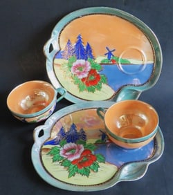 Set of 2 Japanese Hand-Painted Lusterware Tea Cups with Plates 1950s