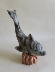 Vintage Marble Carved Dolphin Figurine, Red Stone Base, Unmarked