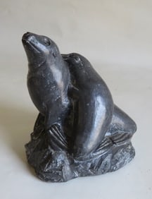 Vintage Inuit Stone Figurine, Two Seals on a Rock, Canada