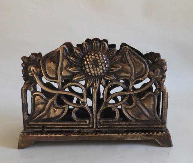 Vintage Mid Century Modern Brass Napkin or Letter Holder, 1950s, Sunflower Decor: Vintage Mid Century brass napkin holder, letter holder that features a blooming sunflower design, unmarked, Italy 1930s-1950s. The napkin holder is c.5" x 2" [12.7cm x 5.1cm]; 3.1/2" [8.9cm] tall, som