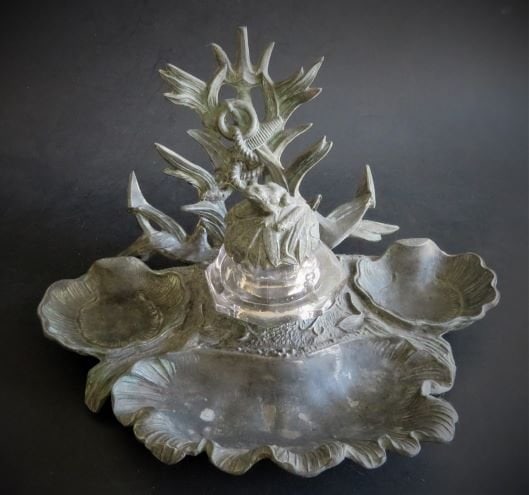 Antique Art Nouveau Pewter Inkwell Stand, 1880s Maritime, Desk Accessory (1 of 19)