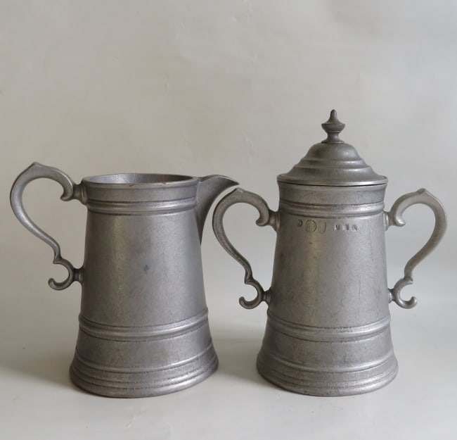 Set of Historical 18th century Sugar Bowl & Creamer, Wilton Armetale, 1960s: Historical 1700s sugar bowl and creamer, reproduction by RWP, Wilton Armetale, c.1963-1969 [Columbia, PA period] The creamer and sugar bowl are 4.1/2" [11.5cm] tall, [the bowl is 6" [15.2cm] tall with