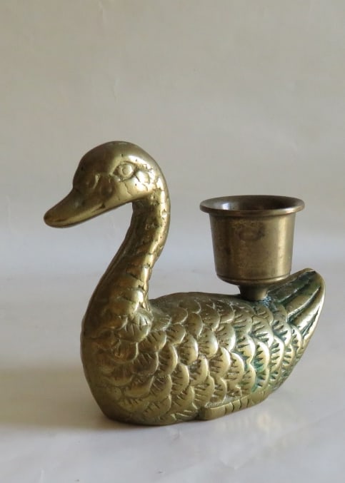 Vintage Brass Swan Figurine Candle Holder: Vintage brass swan candle holder, unmarked. The figurine is 3" [7.7cm] tall, 3.1/8" [7.9cm] long; the candle bowl is c.1" [2.6cm] across, a little patina, very good condition. US: Priority (c.2-4 days