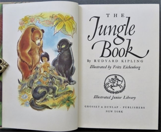 Kipling, Jungle Book, Junior Library Ed. 1950, Fritz Eichenberg illustrations: "The Jungle Book" by Rudyard Kipling, illustrated by Fritz Eichenberg, Illustrated Junior Library, published by Grosset & Dunlap, New York, 1950. First Edition for the illustrations. Hard boards, deco