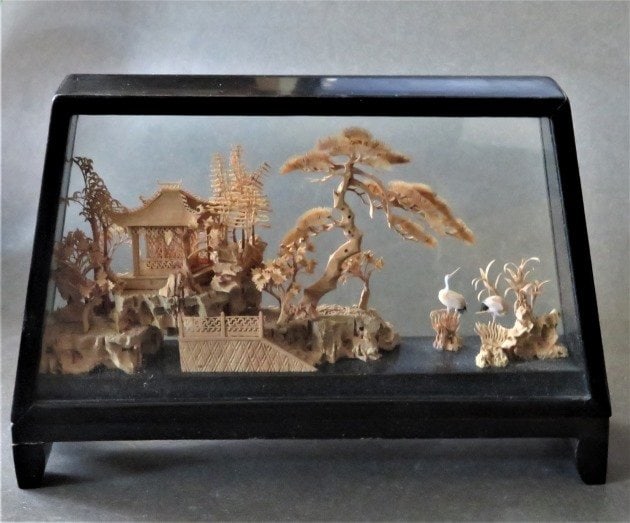 Hand-Carved Chinese Cork Art Landscape Scene in Shadowbox 1940s (1 of 16)