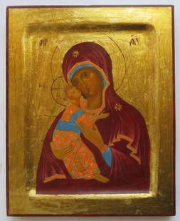 Theotokos Virgin Mary of Vladimir, Byzantine Eastern Orthodox Icon, Painted on Wood: "Theotokos Virgin Mary of Vladimir, Eleousa Mother of Tenderness", Byzantine Eastern Orthodox icon, traditional painting on wood [levkas, tempera, gold plating, varnish], twentieth century. Hand paint