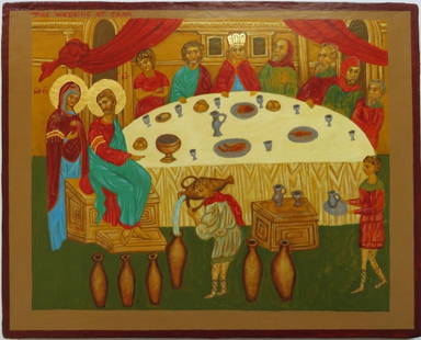 Eastern Orthodox Traditional Wedding Icon, Marriage at Cana, Painted on Wood: Eastern Orthodox traditional wedding / marriage icon. "Wedding at Cana" / "Marriage at Cana", twentieth century, traditional painting on wood [levkas, tempera, gold plating, varnish], varnished. 