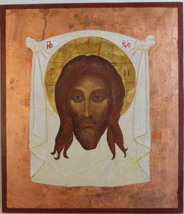 Mandylion, Jesus Christ Image of Edessa, Byzantine Orthodox Icon Painting on Wood: Eastern Orthodox Byzantine traditional icon "Mandylion" also "The Savior Not Made by Hands" image of Jesus Christ, traditional painting on wood [levkas, tempera, gold plating with unusual copper