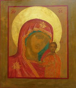Our Virgin Mary of Kazan, Theotokos, Kazanskaya, Orthodox Icon, Painted on Wood: "Our Virgin Lady of Kazan" [also "Kazanskaya", "Virgin Mary of Kazan", "Theotokos of Kazan"], Byzantine Russian Orthodox icon traditional painting on wood [levkas, tempera, gold plating, varnish], twe