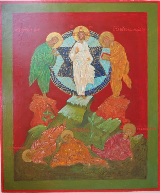 Transfiguration of Jesus, Large Eastern Orthodox Icon Painted on Wood: Large Eastern Orthodox Icon, "Transfiguration of Jesus" traditional painting on wood [levkas, tempera, gold plating, varnish], twentieth century. The icon is 19.3/4" x 23.1/2"; c.1.1/8" thick, (c.50cm