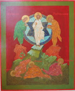 Transfiguration of Jesus, Large Eastern Orthodox Icon Painted on Wood: Large Eastern Orthodox Icon, "Transfiguration of Jesus" traditional painting on wood [levkas, tempera, gold plating, varnish], twentieth century. The icon is 19.3/4" x 23.1/2"; c.1.1/8" thick,