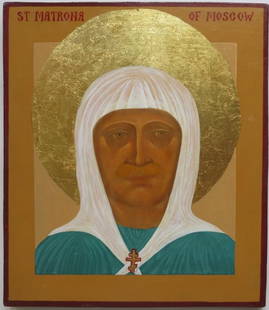 St. Matrona of Moscow, The Wonderworker, Orthodox Icon, Painted on Wood: "Saint Matrona the Wonderworker of Moscow", Eastern Orthodox traditional icon painting on wood, [levkas, tempera, gilt, varnish]; early 2000s. The icon is 10" x 11.3/4"; c.3/4" thick [c.30cm x 25cm
