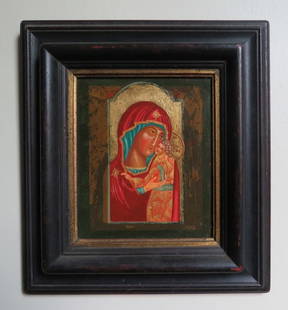 Virgin Mary, Madonna, Eastern Orthodox Icon, Wooden Frame, 20. century: "Virgin Mary, Madonna", hand painted Byzantine Orthodox Icon on primed and varnished board, in wooden frame, c.20th century. The icon is 7" x 8.1/4" [17.5cm x 21cm]; the frame is 12.1/2" x 13.1/2"