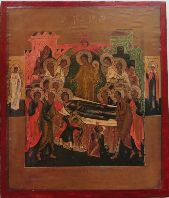 Dormition of Our Lady, Christian Orthodox Icon, Vintage Litho on Wood (1 of 7)