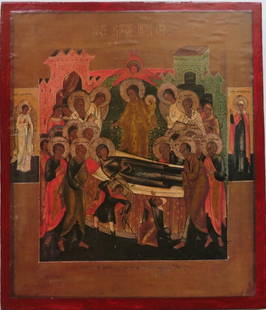 Dormition of Our Lady, Christian Orthodox Icon, Vintage Litho on Wood: "Dormition of Our Lady" reproduction of the antique Eastern Orthodox icon mounted on wood. Vintage 1980s high quality lithographic print mounted on the wooden board, hand painted red rims,
