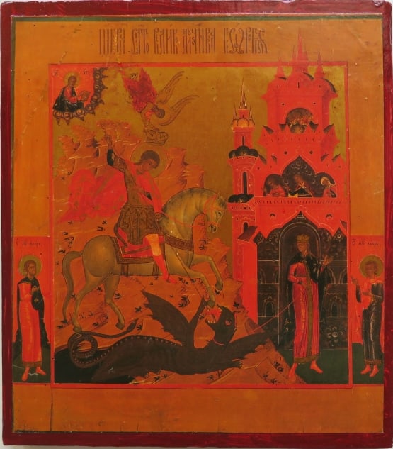 Saint George Victory-bearer & Wonderworker, Orthodox Icon, Vintage Litho on Wood (1 of 9)