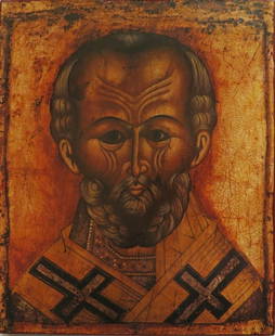 Saint Nicholas the Wonderworker, Orthodox Icon, Vintage Litho on Wood: "Saint Nicholas the Wonderworker", reproduction of the antique Eastern Orthodox icon mounted on wood. Vintage 1980s high quality lithographic print mounted on wooden board, hand painted red rims,