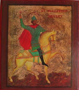 Saint Alexander Nevsky, Orthodox Icon, Litho on Woood: "Saint Alexander Nevsky", reproduction of the Eastern Orthodox icon mounted on wood. Vintage lithographic print mounted on wooden board, hand painted red rims, varnished. The icon is 11" x 12.1/4",