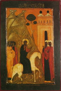 Palm Sunday, Christ’s Triumphant Entry into Jerusalem, Orthodox Icon Litho on Wood: "Palm Sunday" [Christ's Triumphant Entry into Jerusalem] reproduction of the antique Eastern Orthodox icon mounted on wood. Vintage 1980s high quality lithographic print mounted on the wooden board, h