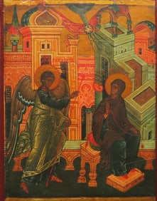 Annunciation to The Blessed Virgin Mary, Eastern Orthodox Icon, Litho on Wood