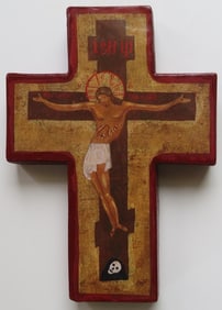 Byzantine Orthodox Crucifixion Icon, Cross, Litho on Wood