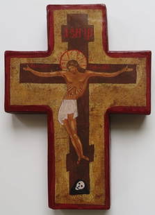 Byzantine Orthodox Crucifixion Icon, Cross, Litho on Wood: "Crucifix", reproduction of Eastern Orthodox crucifixion icon mounted on wooden cross. Vintage 1980s high quality lithographic print mounted on the wooden cross, hand painted red rims, varnished. The