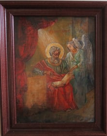 Saint Matthew the Evangelist, Antique Oil Painting on Cardboard, 1900s, Framed