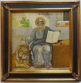 Saint Mark the Evangelist, Antique Oil Painting on Cardboard, 1920s, Framed