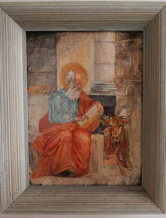 Saint Luke the Evangelist, Oil Painting on Cardboard, 1900s, Framed: "Saint Luke the Evangelist", oil painting on cardboard, late 19th- early 20th century, unsigned, framed in a vintage wooden frame. The painting is 9" x 12" [23cm x 30.5cm]; the frame is 12" x
