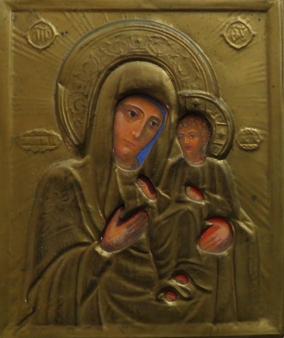 Virgin Mary of Smolensk, Hodigitria, Orthodox Icon, Litho on Wood, Brass Oklad (1 of 4)