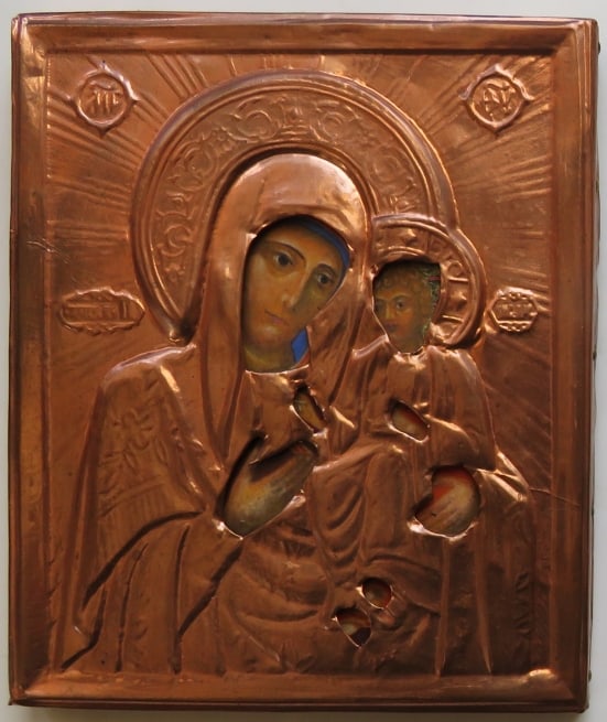 Virgin Mary of Smolensk, Hodigitria, Copper Oklad, Litho on Wood, Orthodox Icon (1 of 4)