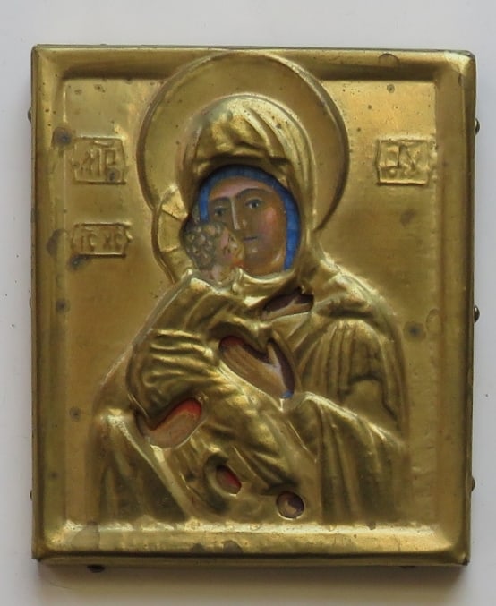 Miniature Icon Virgin Mary Eleousa, Umilenie, Litho on Wood, Brass Oklad (1 of 3)