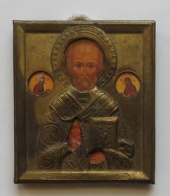 Miniature Icon Saint Nicholas the Wonderworker, Litho on Wood, Brass Oklad