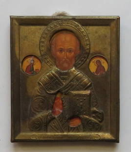 Miniature Icon Saint Nicholas the Wonderworker, Litho on Wood, Brass Oklad: Miniature Icon "Saint Nicholas the Wonderworker, mounted on wood, brass oklad. Vintage 1980s high quality lithographic print mounted on wood, varnished. Handmade brass oklad [some patina]. The miniatu
