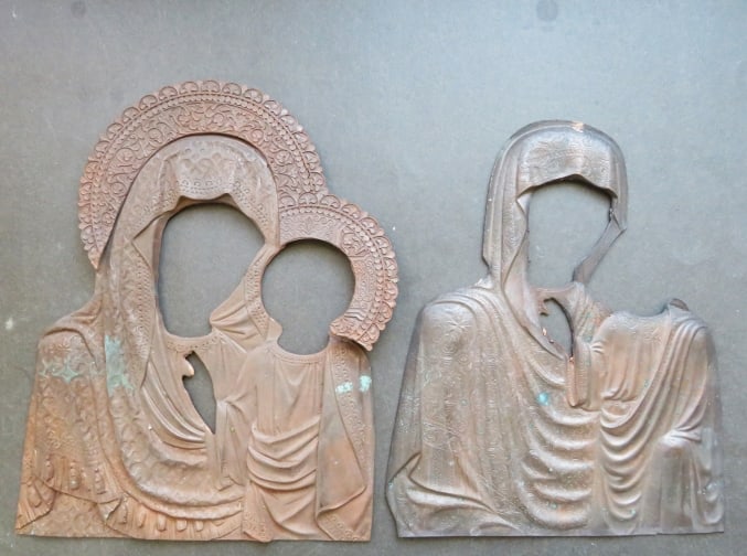 Copper Rizas for Two Virgin Mary Orthodox Icons: Copper oklad, Rizas for two [2] Virgin Mary icons. A museum's quality reproduction of the original antique rizas. Made by the experts in the late 20th century. Solid copper, one riza is c.7.1/2" x 8.1