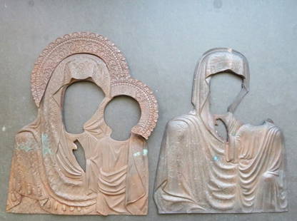 Copper Rizas for Two Virgin Mary Orthodox Icons: Copper oklad, Rizas for two [2] Virgin Mary icons. A museum's quality reproduction of the original antique rizas. Made by the experts in the late 20th century. Solid copper, one riza is c.7.1/2" x 8.1