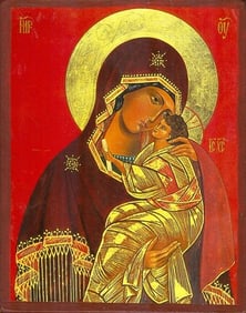 Virgin Mary, Umilenie, Eleousa, Eastern Orthodox Icon Litho on Wood