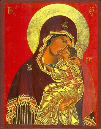 Virgin Mary, Umilenie, Eleousa, Eastern Orthodox Icon Litho on Wood: "Virgin Mary, Umilenie, Eleousa", Orthodox icon mounted on wood. Vintage 1980s high quality lithographic print mounted on wood, varnished. Hand painted rim. The icon is 4.1/4" x 5.1/8", the board is 3