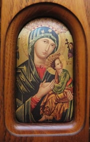 Virgin Mary Hodigitria Icon on Silk, Wooden Case, Italy, 1970s