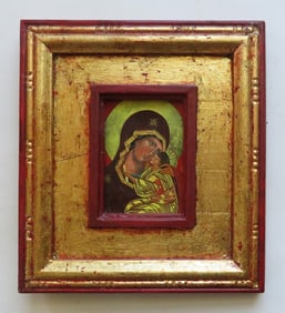 Virgin Mary Eastern Orthodox Icon in Wooden Frame, c.1980s