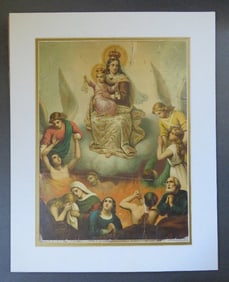 Lady of Mount Carmel, 1870s Large Antique Hand Colored Lithograph