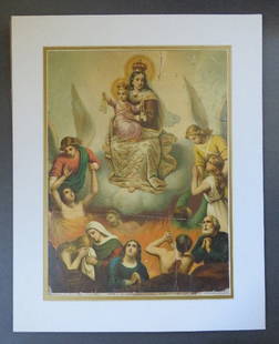 Lady of Mount Carmel, 1870s Large Antique Hand Colored Lithograph: "Madonna of Carmel" Genuine Antique Large picture / icon of Our Lady of Mount Carmel with the Poor Souls in Purgatory, original antique color hand lithography [random dot pattern], c.1870s-1880s;