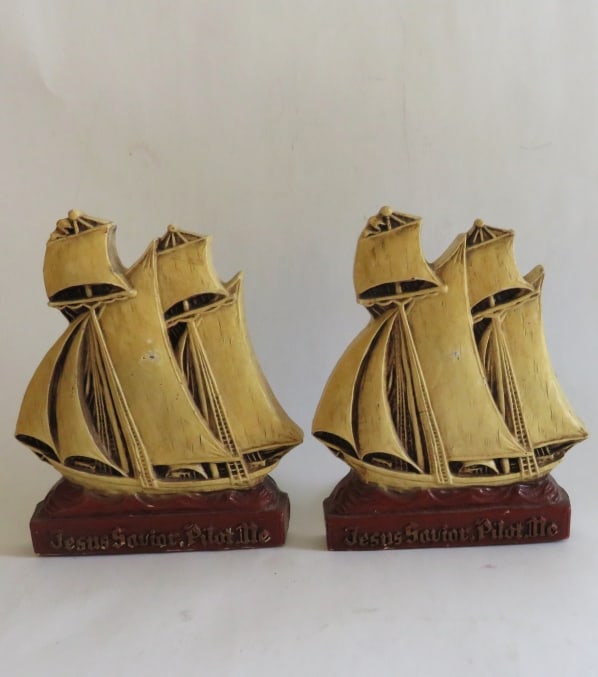 Set of 2 Sailboat Bookends, Ornawood, 1940s, Jesus Pilot Me (1 of 4)