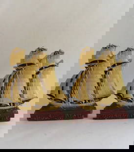 Set of 2 Sailboat Bookends, Ornawood, 1940s, Jesus Pilot Me: Set of two [2] vintage Sailboat bookends, "Jesus Savior, Pilot Me," ornawood, 1940s. Both bookends have a label "Made in USA. Hand painted ornwood bookends with black painted metal stand plate. Each b