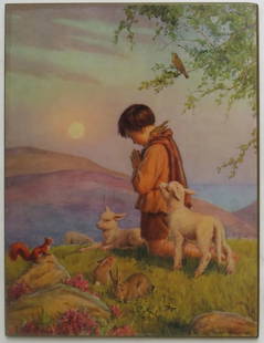 Margaret Tarrant, He Prayed Best, Color Litho Print on Board, Praying Shepherd Boy, 1950s: "He Prayeth Best" color lithograph print by Margaret W Tarrant. The print depicts a small boy kneeling in the country side surrounded by lambs rabbits & a squirrel. The litho is signed in plate in the