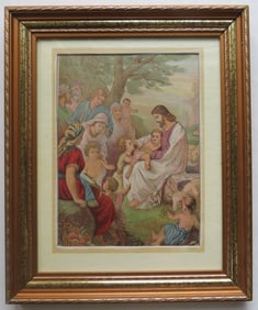 Jesus Blessing Little Children, Antique Color Lithograph, 1880s Framed