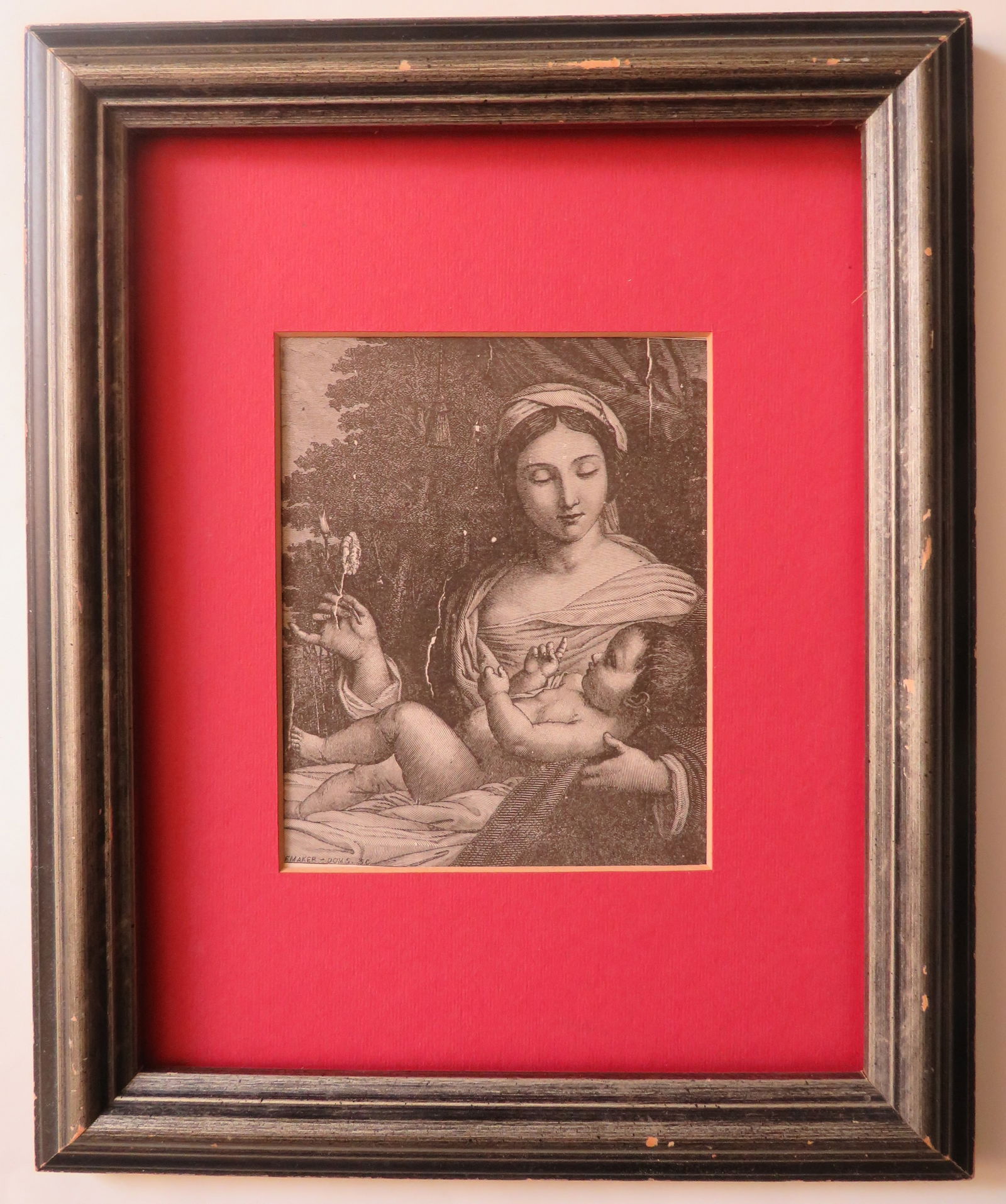 Antique Wood Engraving, Madonna With Child, 1880s, Framed: "Madonna with Child" antique wood engraving, signed in plate; c.1880s, in mat and glass frame. The engraving is 5" x 4" [12.7cm x 10.2cm], the wooden frame is 10.3/4" x 8.3/4". very good condition. Ra
