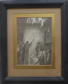 Jesus Healing A paralysed Man, Antique 1880s Wood Engraving, Framed